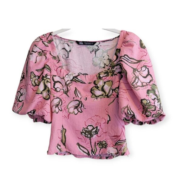 ZARA Linen-Blend Puff Sleeve Blouse XS - Picture 2 of 10